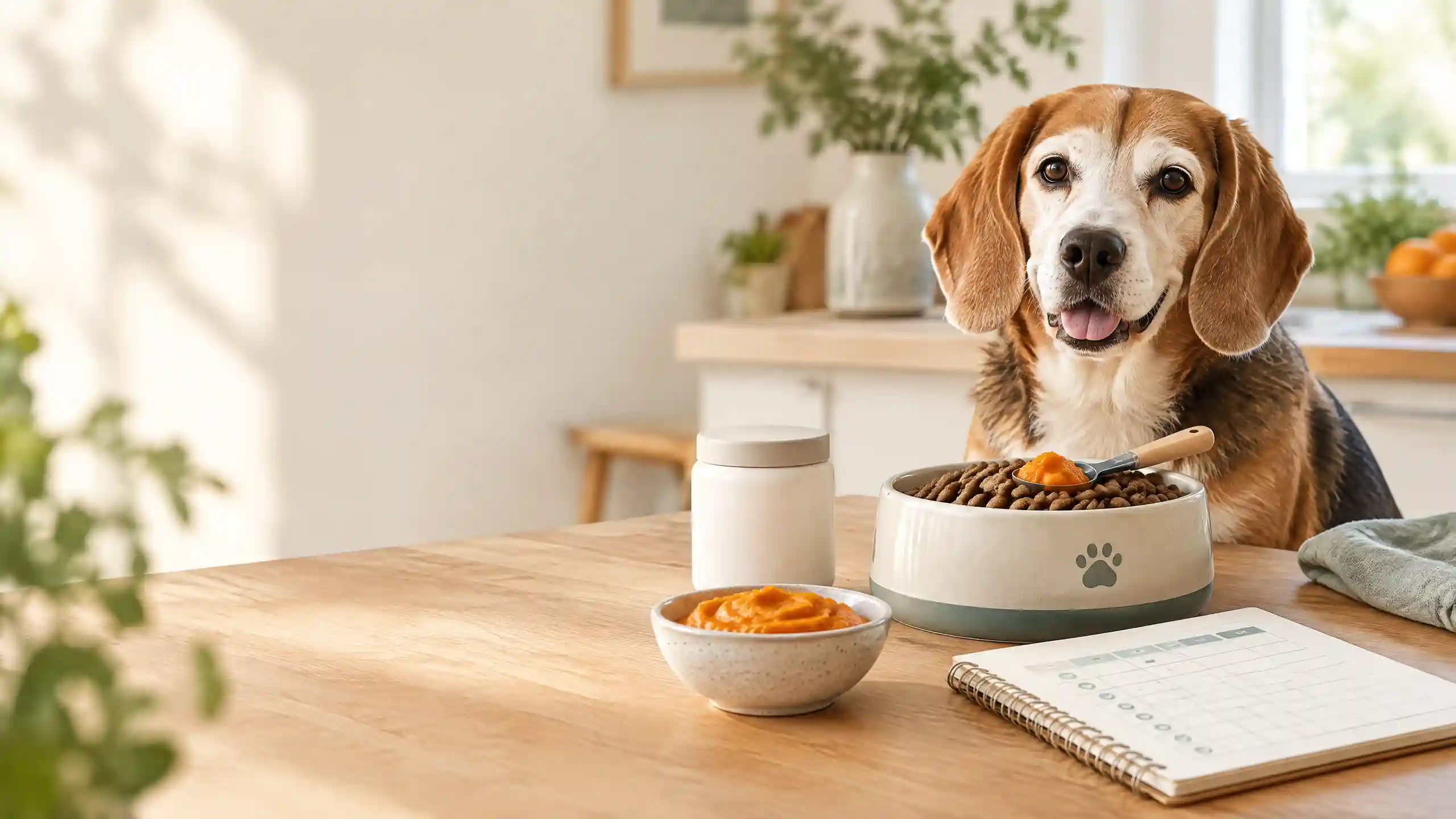 Illustration of a senior dog with a bowl of food topped with pumpkin and probiotics, representing gut health toppers