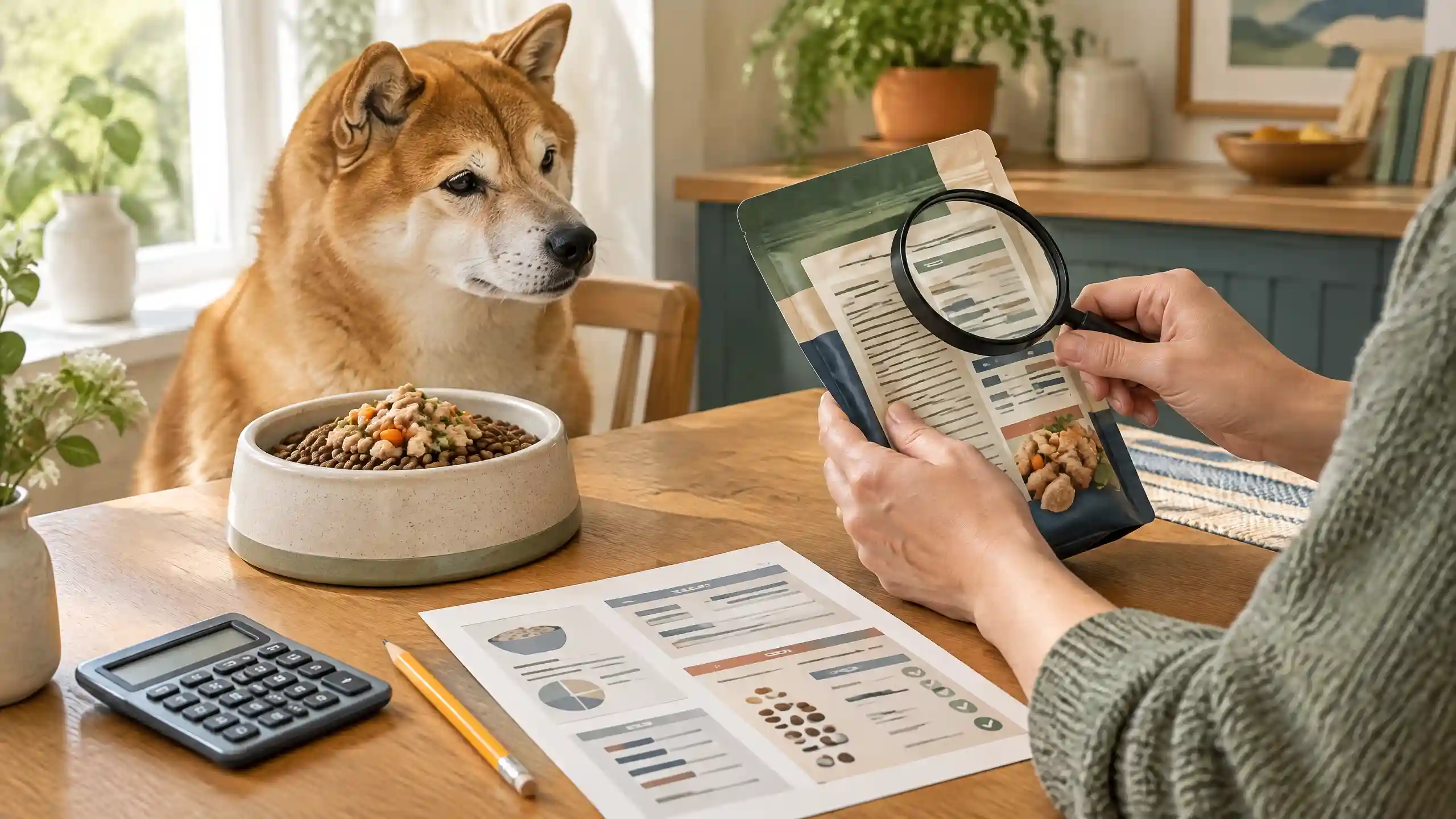 Illustration of a hand holding a magnifying glass over a dog food topper label, representing how to read pet food labels