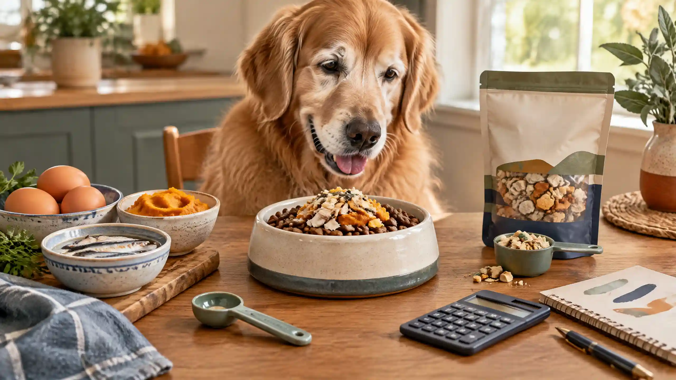 Illustration comparing a premium subscription dog food box against a simple bowl of grocery-store toppers, representing cost comparison